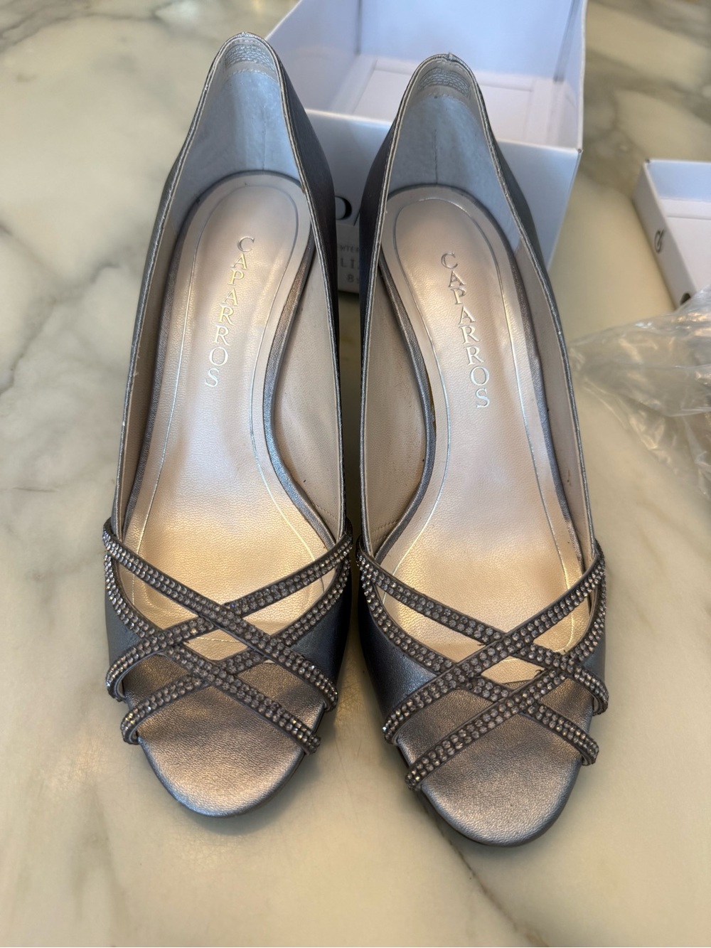 Caparros Women's Silver Metallic Crisscross Peep-Toe Heels